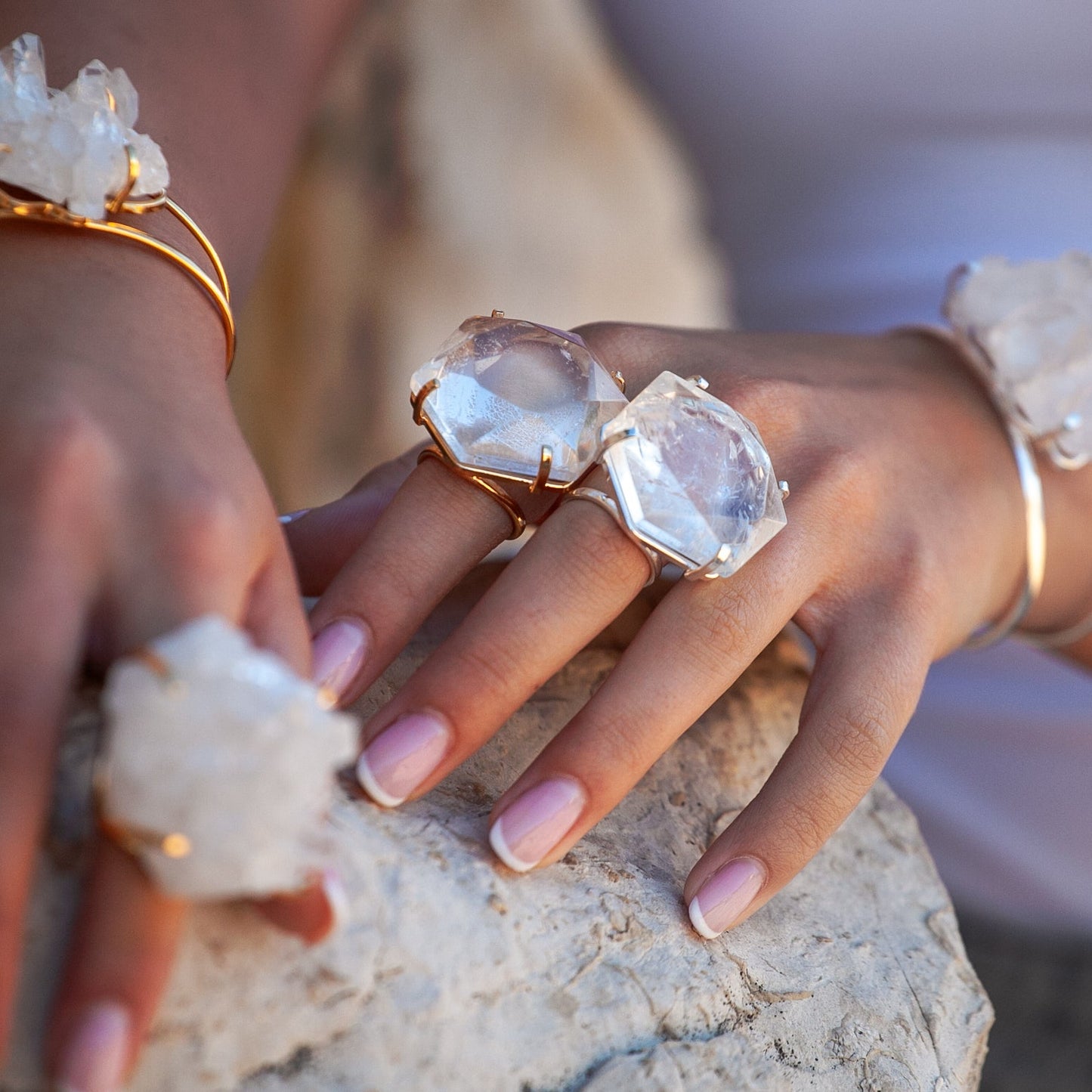 Oversized hexagon crystal quartz statement ring