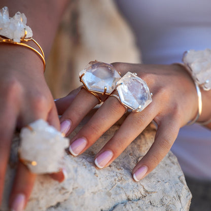 Oversized hexagon crystal quartz statement ring