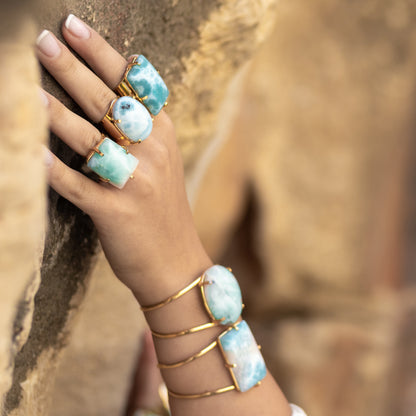 Bague ouverte en larimar rectangulaire