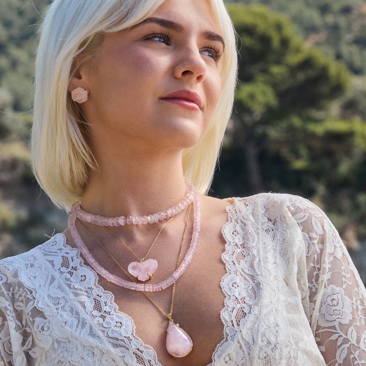 Rose quartz puffy heart pendant