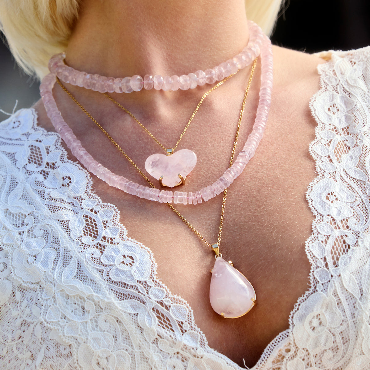 Rose quartz puffy heart pendant