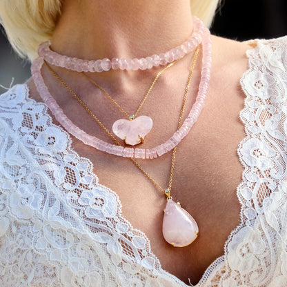 Rose quartz puffy heart pendant