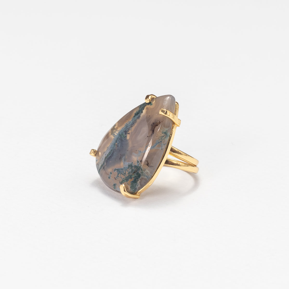 Bague en agate mousse avec cabochon en forme de goutte