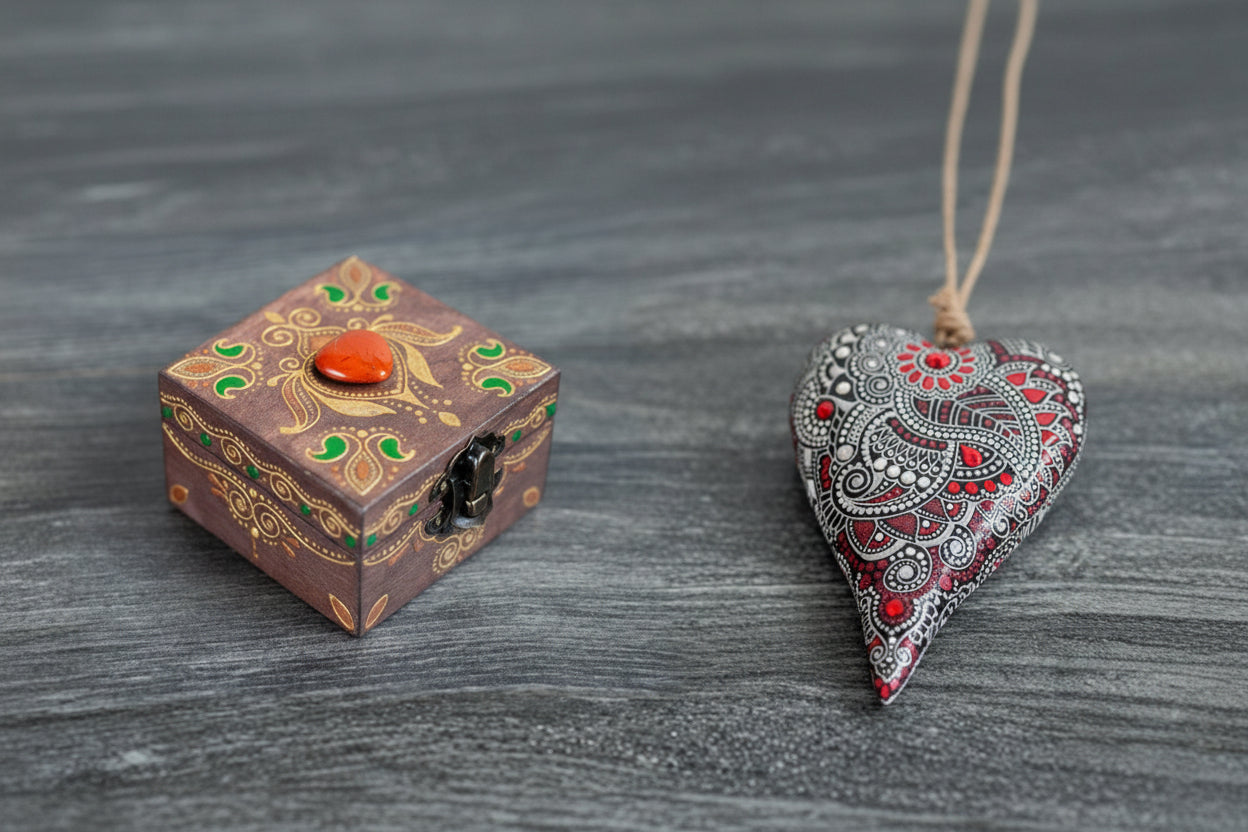 Decorative wooden box with a red gem and a heart-shaped ornament with intricate patterns on a gray surface.
