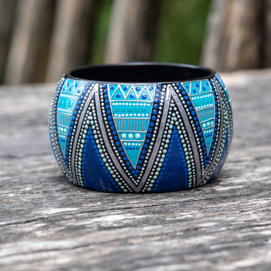 blue wooden bracelet, hand painted in geometric African style