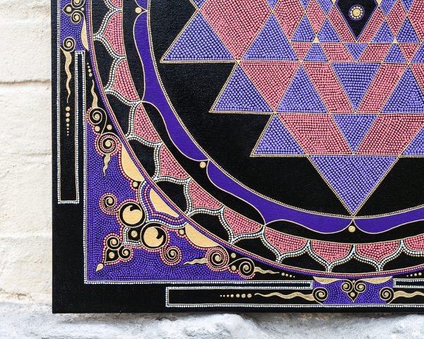 Sri Yantra sacred geometry painting, dot art style, pointillism. Close-up view