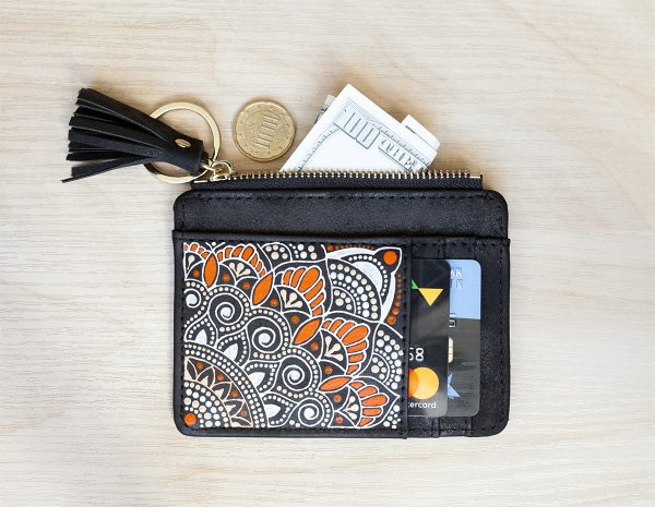 Slim wallet with tassel - black/orange