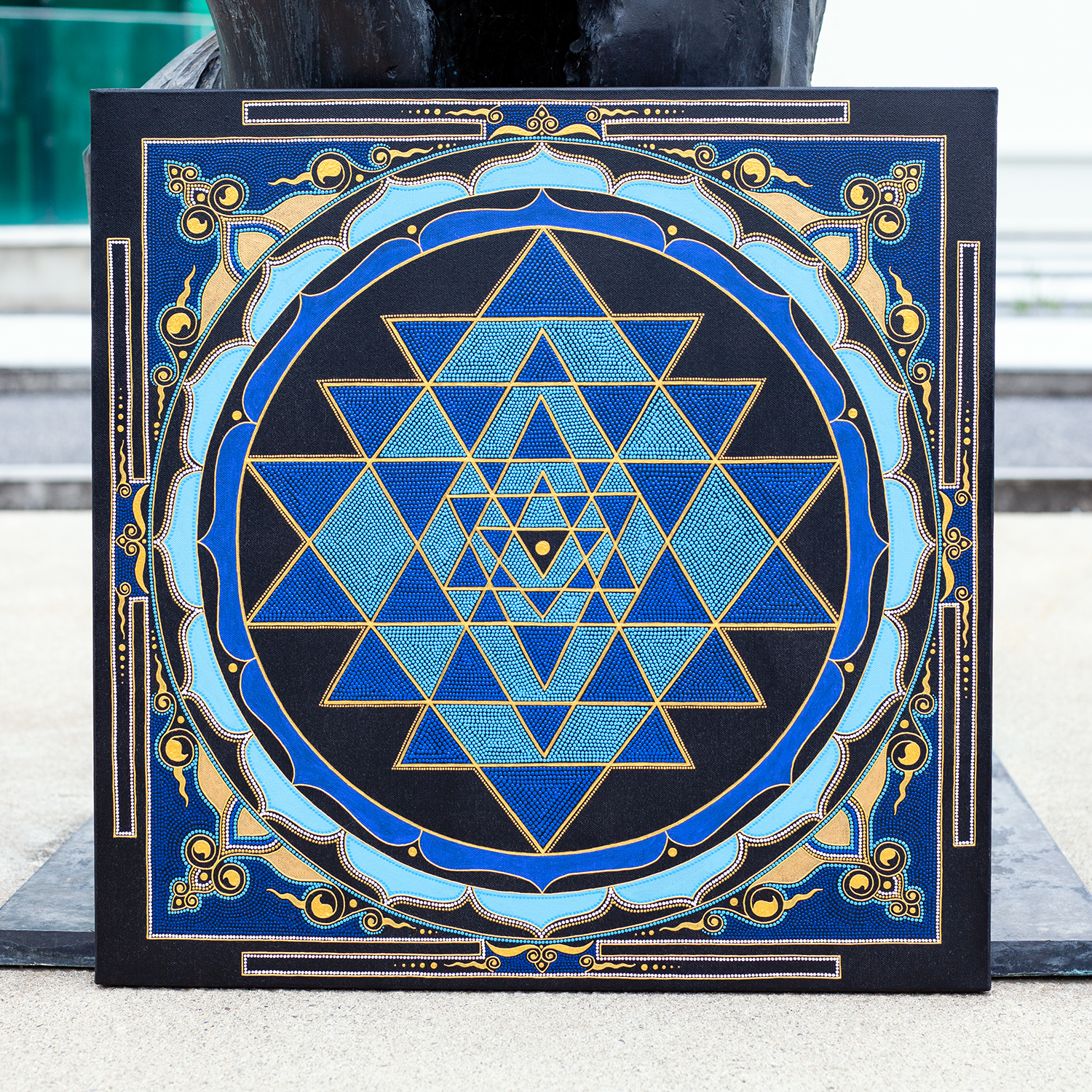 Sri Yantra painting on canvas, sacred geometry spiritual art for wall in bedroom, living room, meditation room. Blue and gold colors, high-detailed art, front view. Size 40x40 cm (16×16 inches), 50x50 cm (20×20 inches) or 60x60 cm (24×24 inches).