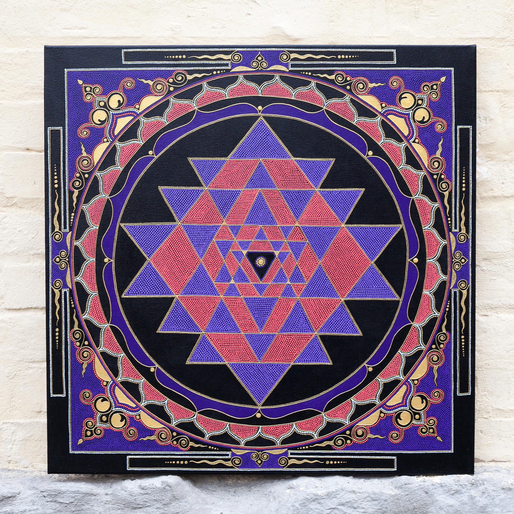 Sri Yantra painting on canvas, sacred geometry spiritual art for wall in bedroom, living room, meditation room. Purple, pink and gold colors, front view. Size 40x40 cm (16×16 inches), 50x50 cm (20×20 inches) or 60x60 cm (24×24 inches)
